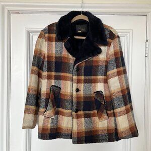70s Brown and Blue Plaid Coat with Faux Fur Collar and Lining (M / 38)